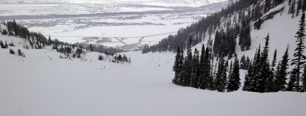Blick auf die mittelschwere (in USA blau markierte) Piste Amphitheater! Mit etwas Vorsicht können Anfänger auch die blau markierten Pisten unterhalb der Bridger Gondola meistern.