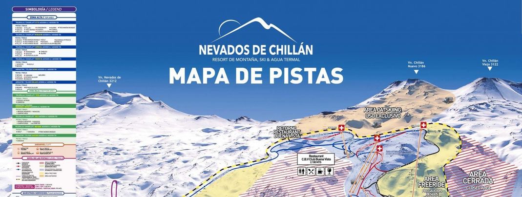 An den Hängen von drei Vulkanen liegt das Skigebiet Nevados de Chillàn. (Zur vollständigen Ansicht auf den Pistenplan klicken.)