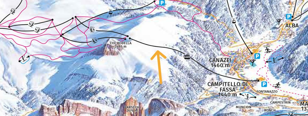 Direct connection to the ski area: The new tri-cable gondola runs from the valley town of Campitello up to the central entrance to the Sellaronda.