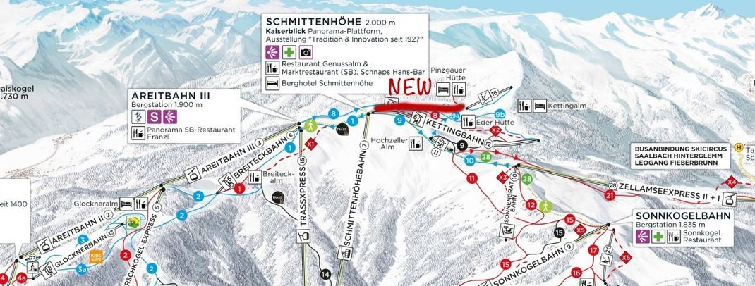 The Kapellenbahn is located in the upper section of the ski area and ends at the top station of the Schmittenhöhebahn.