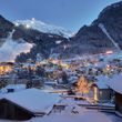 View of Ischgl and the illuminated valley run (no. 1).