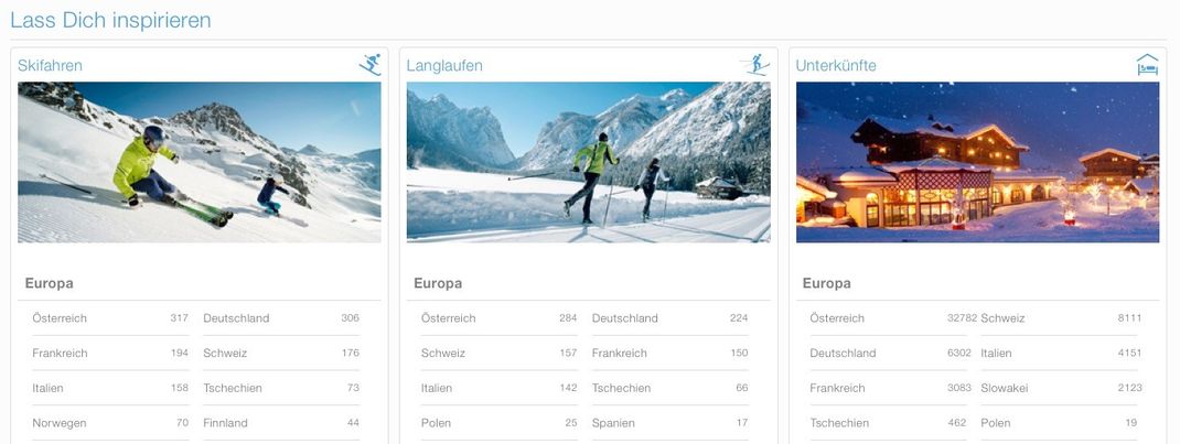 Im Reiseführer findest du Gebiete zum Skifahren und Langlaufen sowie Unterkünfte