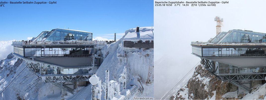 Wie tief winterlich es aktuell noch auf der Zugspitze aussieht, zeigt sich besonders gut im Vorjahresvergleich (links 23. Mai 2019, rechts 23. Mai 2018).