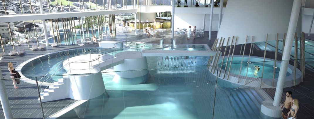 Visualisierung der Badehalle mit Panoramablick auf die Ischgler Berge in der geplanten Silvretta Therme