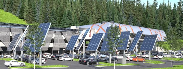 15 Solarbäume werden am Parkplatz der Talstation aufgebaut.