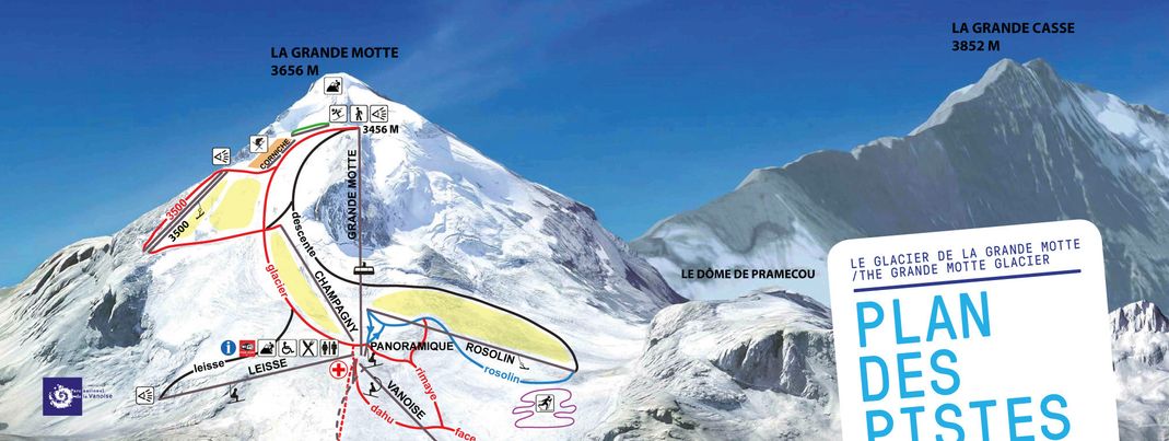 Blick auf die noch bis 5. August geöffneten Sommer-Skipisten am Grand Motte Gletscher in Tignes. (Klicke auf das Bild für die komplette Ansicht)