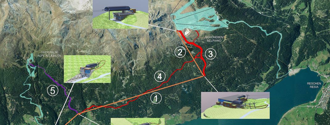Auch neue Pisten werden gebaut. Die Höllentalpiste (rot markiert) und die Verbindungspiste von der Haideralm zur Mittelstation der Verbindungsbahn (lila markiert).