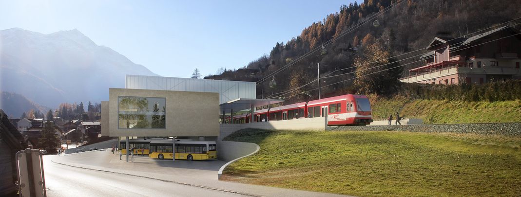 So soll der neue ÖV-Hub in Fiesch mit Bahnhof, Bus-Terminal und Talstation aussehen.