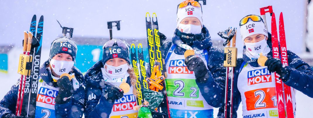 Gold medal for Norway: Marte Röiseland, Tiril Eckhoff, Johannes Boe and Sturla Laegreid.