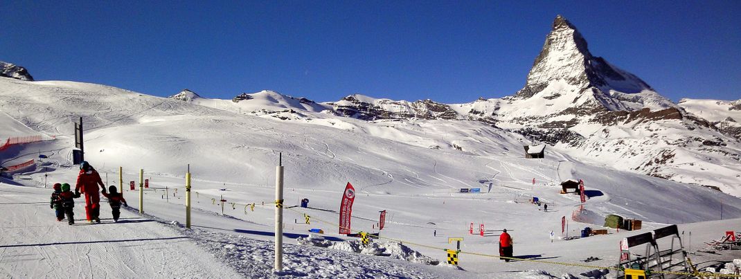 Enjoying the vista of the Matterhorn while learning how to ski