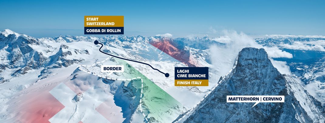 Start in der Schweiz, Ziel in Italien: Als erste Abfahrtsstrecke weltweit überquert die Gran Becca Ländergrenzen.
