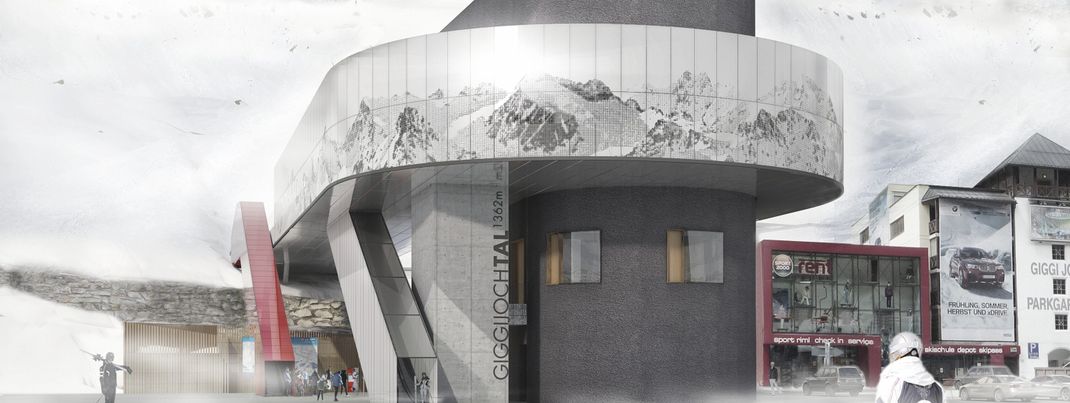 Die Einstiegsebene der Talstation verschwindet hinter einem bildperforierten Band mit dem Bergpanorama der Ötztaler Alpen.