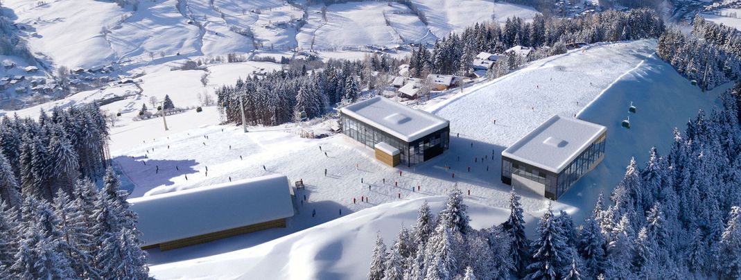 Am Gipfel des Natrun entstehen die beiden Stationsgebäude der Natrun- und Sonnbergbahn direkt nebeneinander.