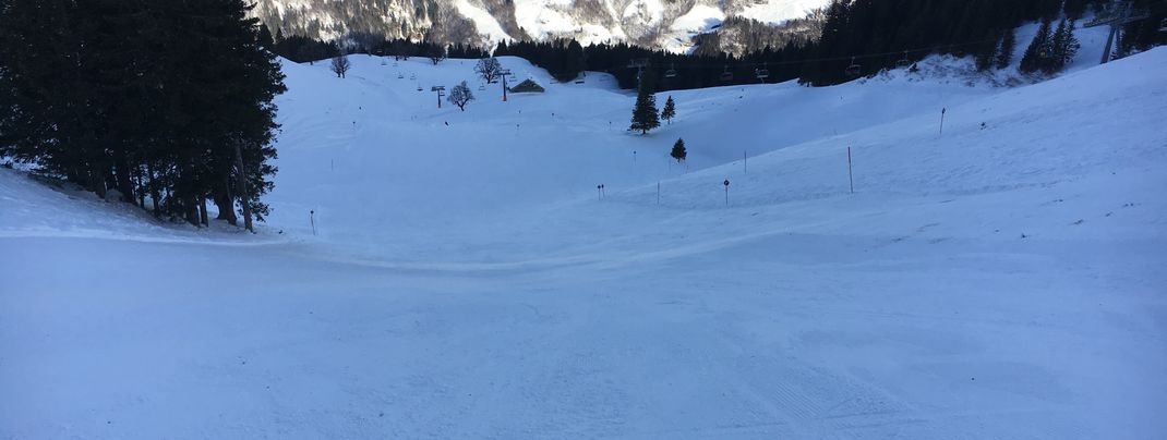 An einem Nordhang in Mellau liegen die schwarzen Abfahrten an der 6er Suttis-Sesselbahn.