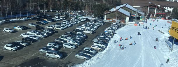 Der Parkplatz liegt direkt an den Pisten.