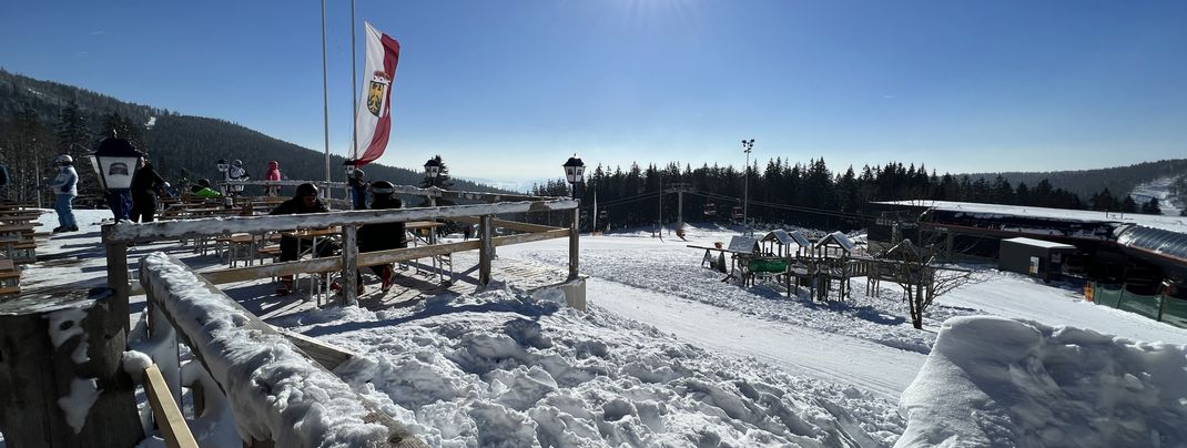 The large terrace at the Gasthaus zum Überleben is in the sun in the afternoon.