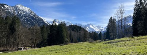 Weiße Gipfel, grüne Wiesen - der Frühling in Oberstdorf bietet viele Freizeitmöglichkeiten.