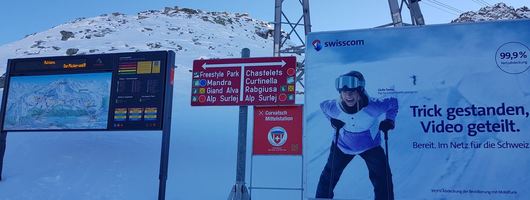 Von der Mittelstation Corvatsch kommst du zum Freestyle-Park.