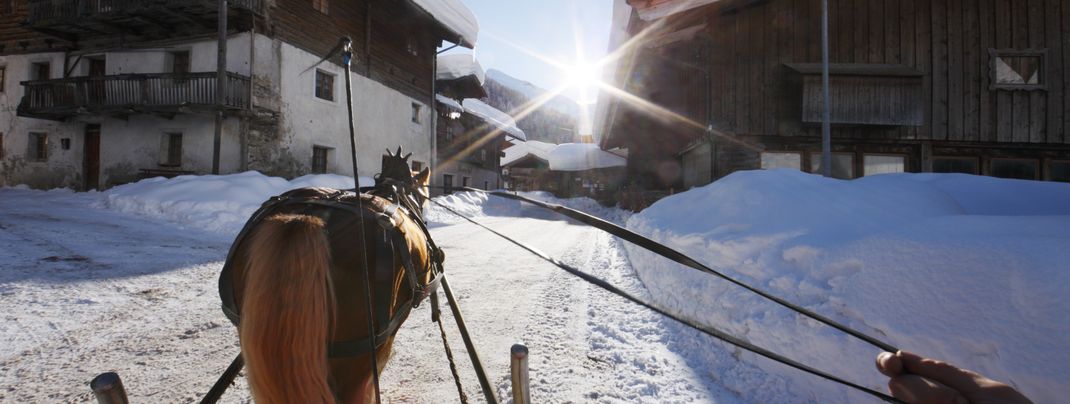 Herrlich entspannend: Eine Pferdeschlittenfahrt durch die Winterlandschaft rund um Pfelders.