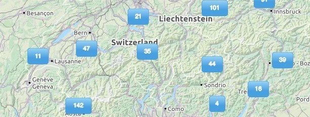 Die Icons verraten euch, wie viele Skigebiete sich hier befinden