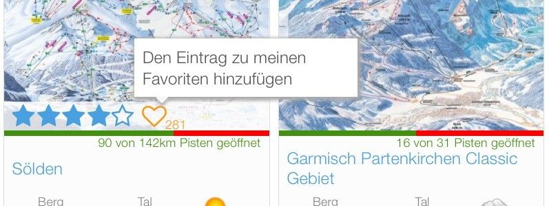 Dank der Favoriten-Funktion hast du deine Lieblingsskigebiete gut im Blick!