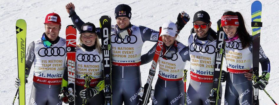 Die von Colmar gesponserte französische Skimannschaft sicherte sich bei der Ski-WM 2017 in St. Moritz beim Team-Event die Goldmedaille.