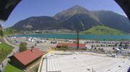 Archived webcam image showing Schoeneben: Base station at lake Reschensee on 3 Aug 2026 at 12:50