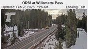 Archived webcam image showing Road Condition Cam at Willamette Pass on Feb 26, 2026 at 4:12 PM