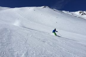 Skiing the black diamond run Scotty's at the back side of Mammoth Mountain.