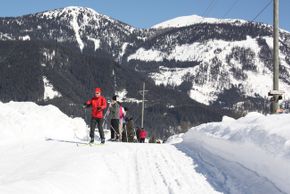 Eindrücke aus dem Langlaufgebiet Gosau im Salzkammergut. Auf dem Bild ist die Sportloipe zu sehen, auf der man den Gosaubach Staussee umrundet.