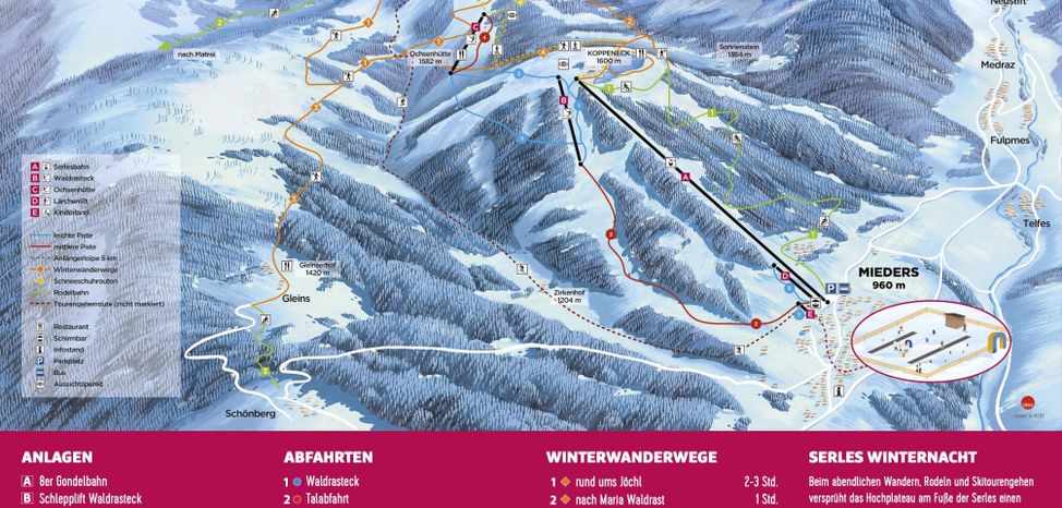 Der Pistenplan des Skigebiets Serlesbahnen in Mieders.