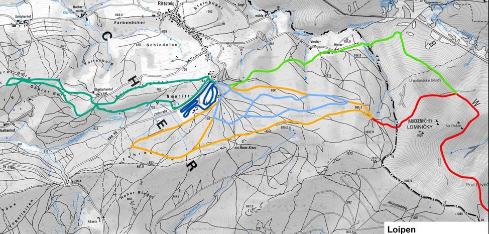 Loipenangebot aktuell ohne die dunkelgrüne Loipe zum Kaltenhof.