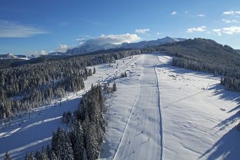 Blick auf die blau markierte Rossalm-Abfahrt auf der Winklmoosalm