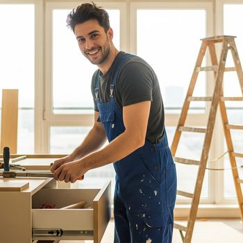 The craftsman works intently as he screws together a piece of furniture.