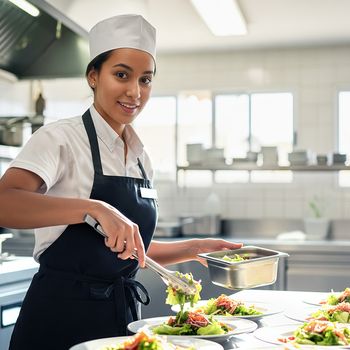In the kitchen, the chef happily prepares fresh salads for the guests.