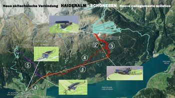 Auch neue Pisten werden gebaut. Die Höllentalpiste (rot markiert) und die Verbindungspiste von der Haideralm zur Mittelstation der Verbindungsbahn (lila markiert).
