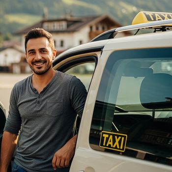 Gut gelaunt lehnt sich der Fahrer an sein Taxi und wartet auf den nächsten Gast.