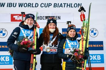 Das Podium im Sprint der Damen: Lou Jeanmonnot vor Maren Kirkeeide und Anna Magnusson.