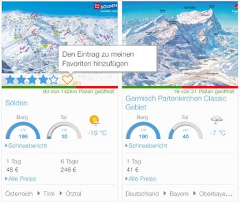 Dank der Favoriten-Funktion hast du deine Lieblingsskigebiete gut im Blick!