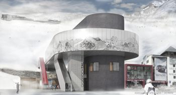 Die Einstiegsebene der Talstation verschwindet hinter einem bildperforierten Band mit dem Bergpanorama der Ötztaler Alpen.