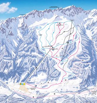 Überschaubar und trotzdem vielseitig präsentiert sich das Pistenangebot von Ladurns. Hier sieht man bereits den Verlauf der neuen 6er Sesselbahn Wastenegg (B).