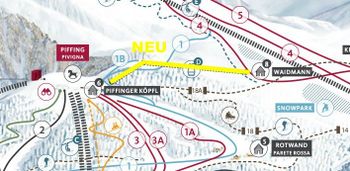 Die neue Kabinenbahn führt über zwei Sektionen vom Pfiffinger Köpfl zur Waidmannalm. Die Mittelstation liegt dabei am höchsten und bietet eine Panoramaterrasse.
