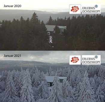 So viel Schnee wie in diesem Winter gab es lange nicht. Zum Vergleich: Der Ochsenkopf im Fichtelgebirge im Januar 2020 und 2021.