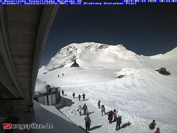Aktueller Ausblick vom Gletscherrestaurant SonnAlpin auf der Zugspitze.