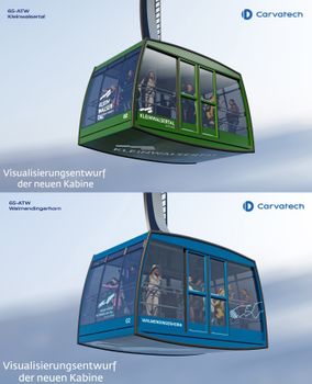 Die zwei Kabinen werden unterschiedlich gestaltet: in Blau die Kabine der Bergbahnen und in Grün die Kabine des Tourismusverbands.