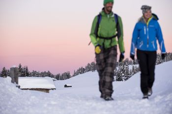 Beim Winter- und Schneeschuhwandern entdeckst du die unberührte Winterwunderwelt auf stillen Pfaden.