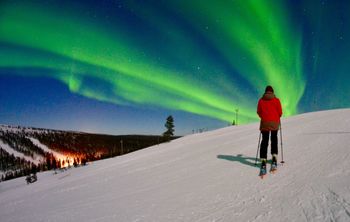 Zwischen September und März erscheinen in Saariselkä die Nordlichter über dem Horizont.