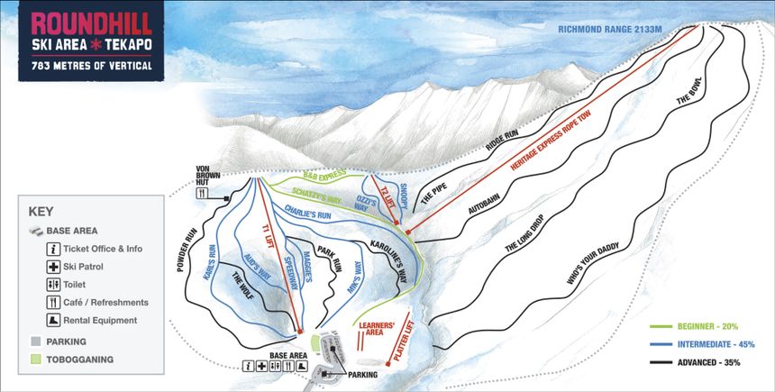 Trail Map Roundhill Ski Area - Lake Tekapo
