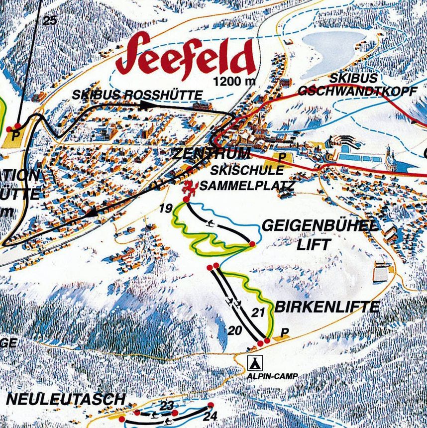 Pistenplan Geigenbühel und Birkenlifte Seefeld