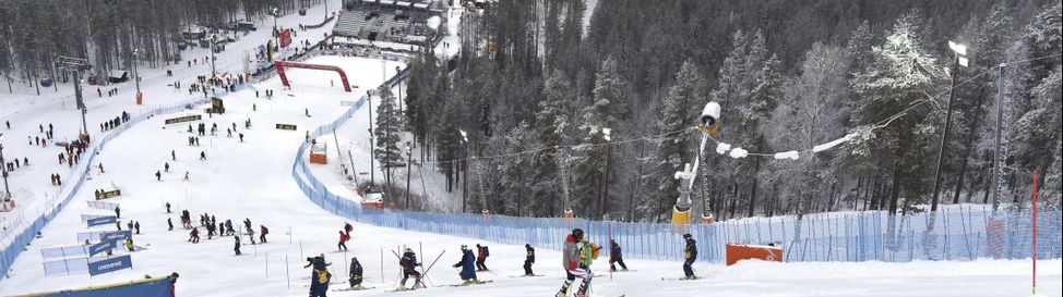 Vor den Durchgängen wird die Strecke auf der Piste Levi Black von den Rennläufern besichtigt.